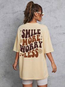 SHEIN EZwear Áo thun nữ Slogan Giải trí - Màu be - Xem 1