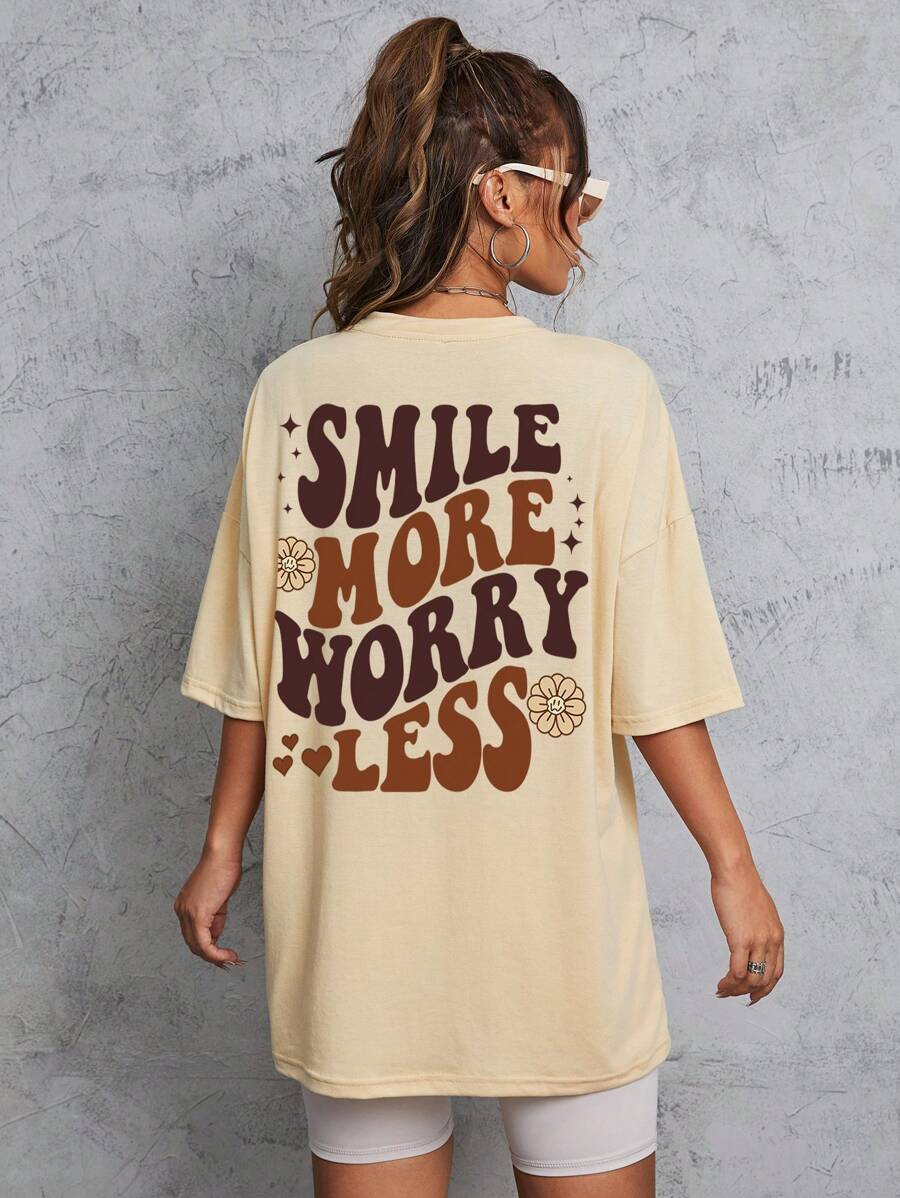 SHEIN EZwear Áo thun nữ Slogan Giải trí - Màu be - Xem 1