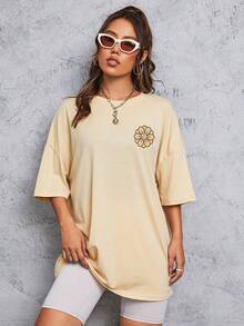 SHEIN EZwear Áo thun nữ Slogan Giải trí - Màu be - Xem 2