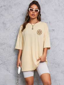 SHEIN EZwear Áo thun nữ Slogan Giải trí - Màu be - Xem 3