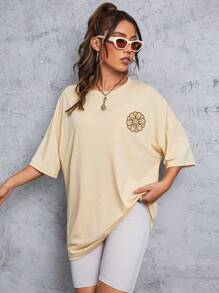 SHEIN EZwear Áo thun nữ Slogan Giải trí - Màu be - Xem 4