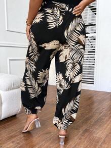 SHEIN LUNE Pantalones con estampado tropical con nudo delantero - Negro - Ver 2