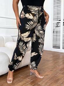 SHEIN LUNE Pantalones con estampado tropical con nudo delantero - Negro - Ver 3