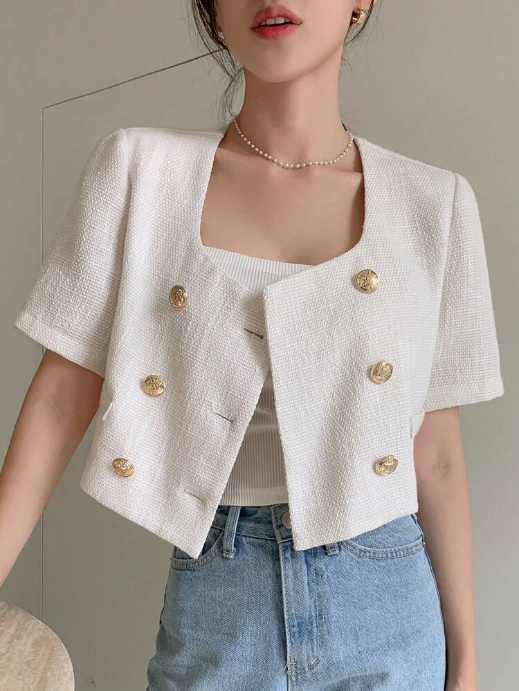 Casual Business Solid Color Textured Square Collar Short Sleeve Cropped Women Button-Up Shirt