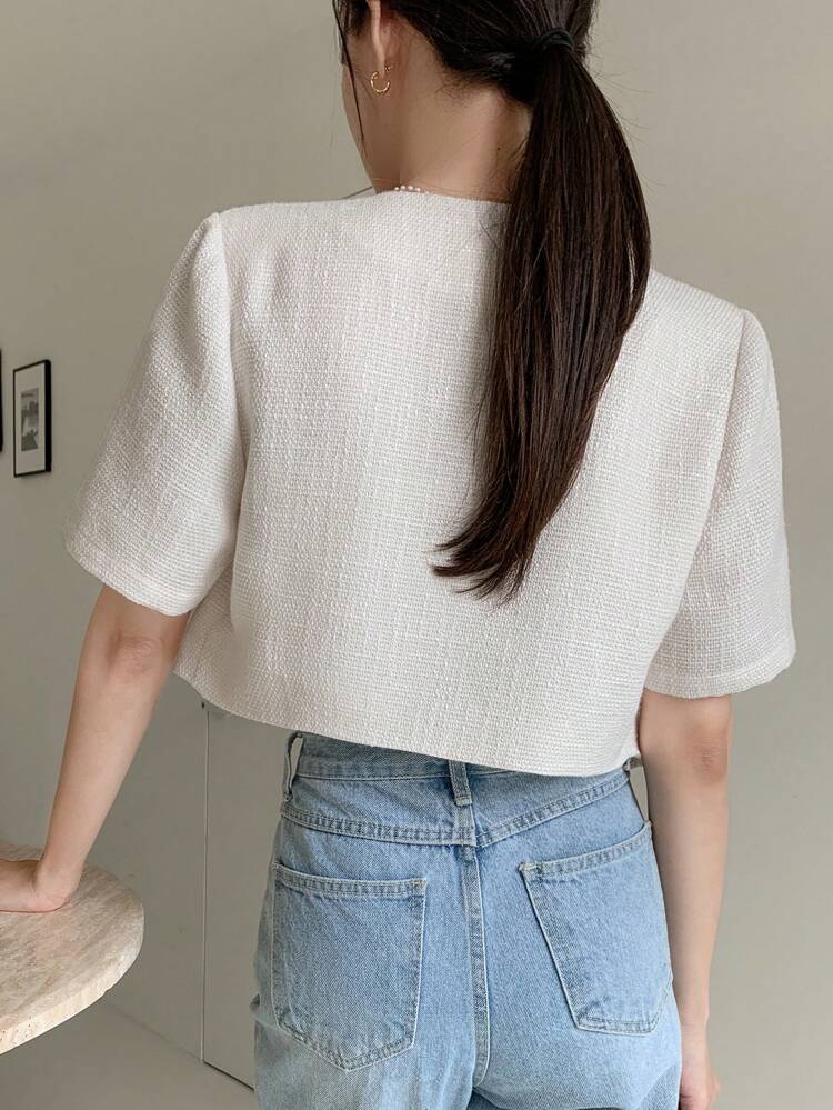 Casual Business Solid Color Textured Square Collar Short Sleeve Cropped Women Button-Up Shirt