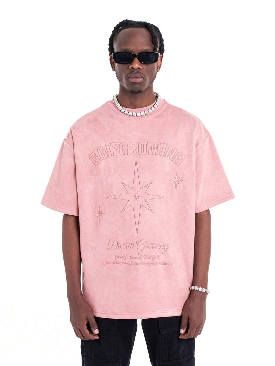 Áo thun Nam Thêu Hình học Lá thư Slogan Giải trí - Hồng - Xem 1