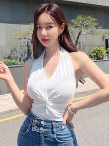 DAZY Twist Front Halter Top - White - View 1