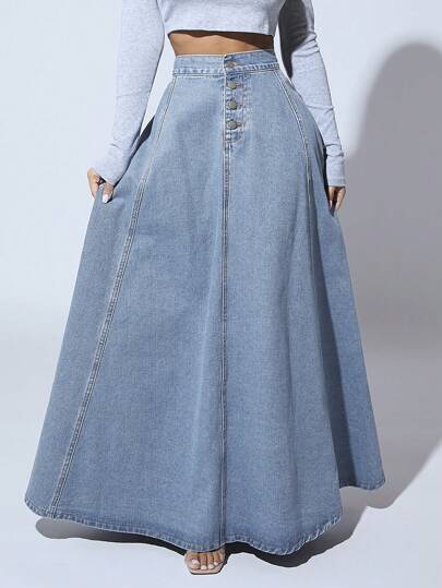 SHEIN SXY Framsida Knappar Enkel Denim Kjol