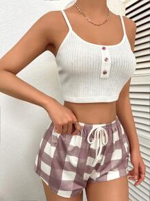 Button Detail Cami Top & Plaid Print Tie Front Shorts PJ Set / Pajama Set