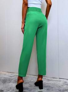 SHEIN BIZwear High Waist Belted Straight Leg Pants - Green - View 2