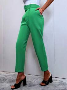SHEIN BIZwear High Waist Belted Straight Leg Pants - Green - View 4