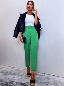 SHEIN BIZwear High Waist Belted Straight Leg Pants - Green - View 6
