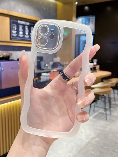 1pc Minimalist Transparent Wavy Lens Full Coverage Protective Phone Case, Fashionable, Suitable For Outdoor, Travel, Running, Office, Unisex, Compatible With Apple//