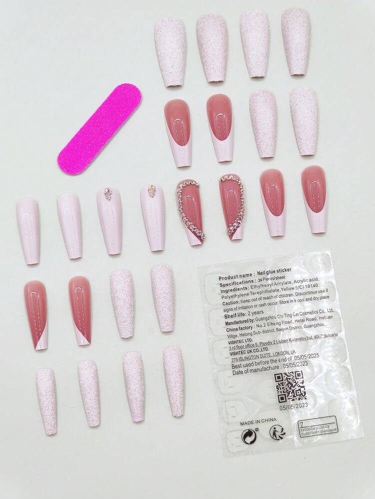 Upgrade Your Look With 24pcs Long Coffin French Style Full Cover Fake Nail Kit - Multicolor - View 2