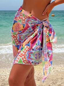 Geo Print Knot Side Cover Up Skirt - Multicolor - View 4