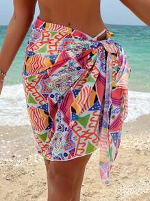 Geo Print Knot Side Cover Up Skirt - Multicolor - View 5
