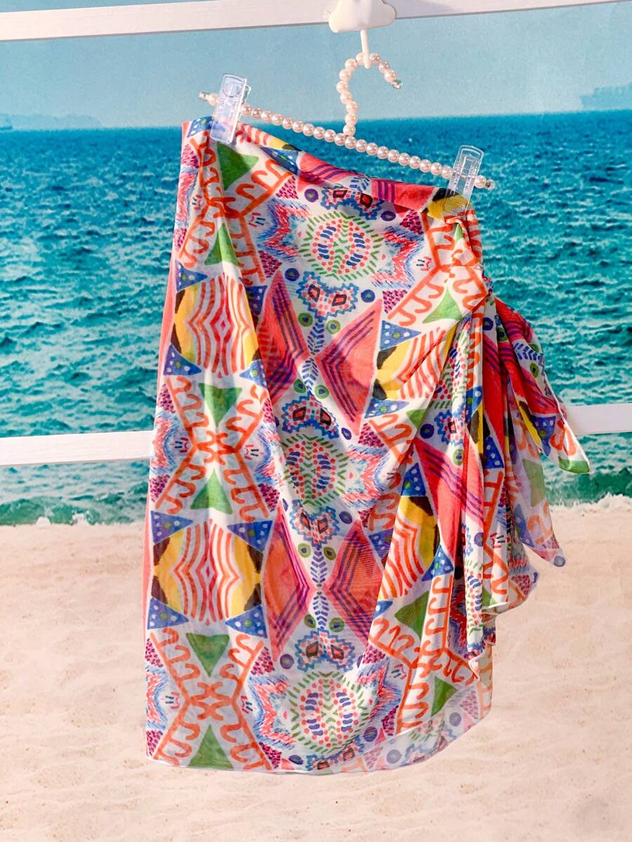 Geo Print Knot Side Cover Up Skirt - Multicolor - View 1