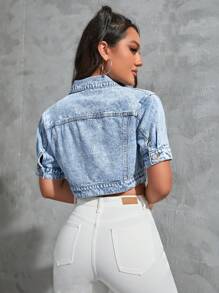 SHEIN EZwear Button Front Crop Denim Jacket - Blue - View 2
