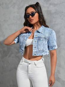 SHEIN EZwear Button Front Crop Denim Jacket - Blue - View 5