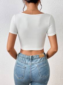 SHEIN PETITE Áo thun nữ Nếp gấp Phần Ngực màu trơn Giải trí - trắng - Xem 2