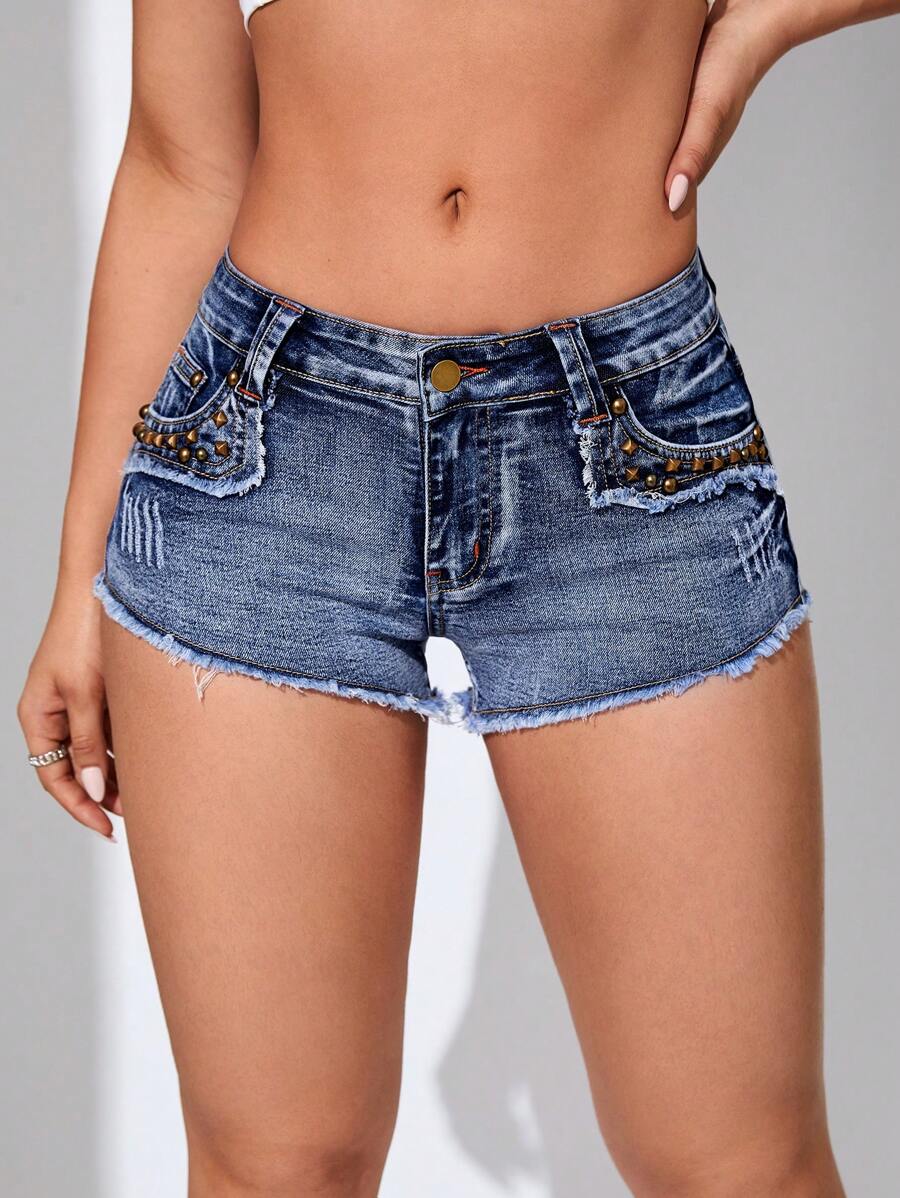 Quần short denim nữ Nút Túi Hem thô Dây kéo Đúc màu trơn - Rửa trung bình - Xem 1