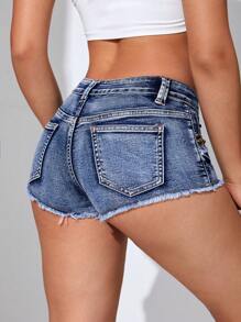 Quần short denim nữ Nút Túi Hem thô Dây kéo Đúc màu trơn - Rửa trung bình - Xem 2