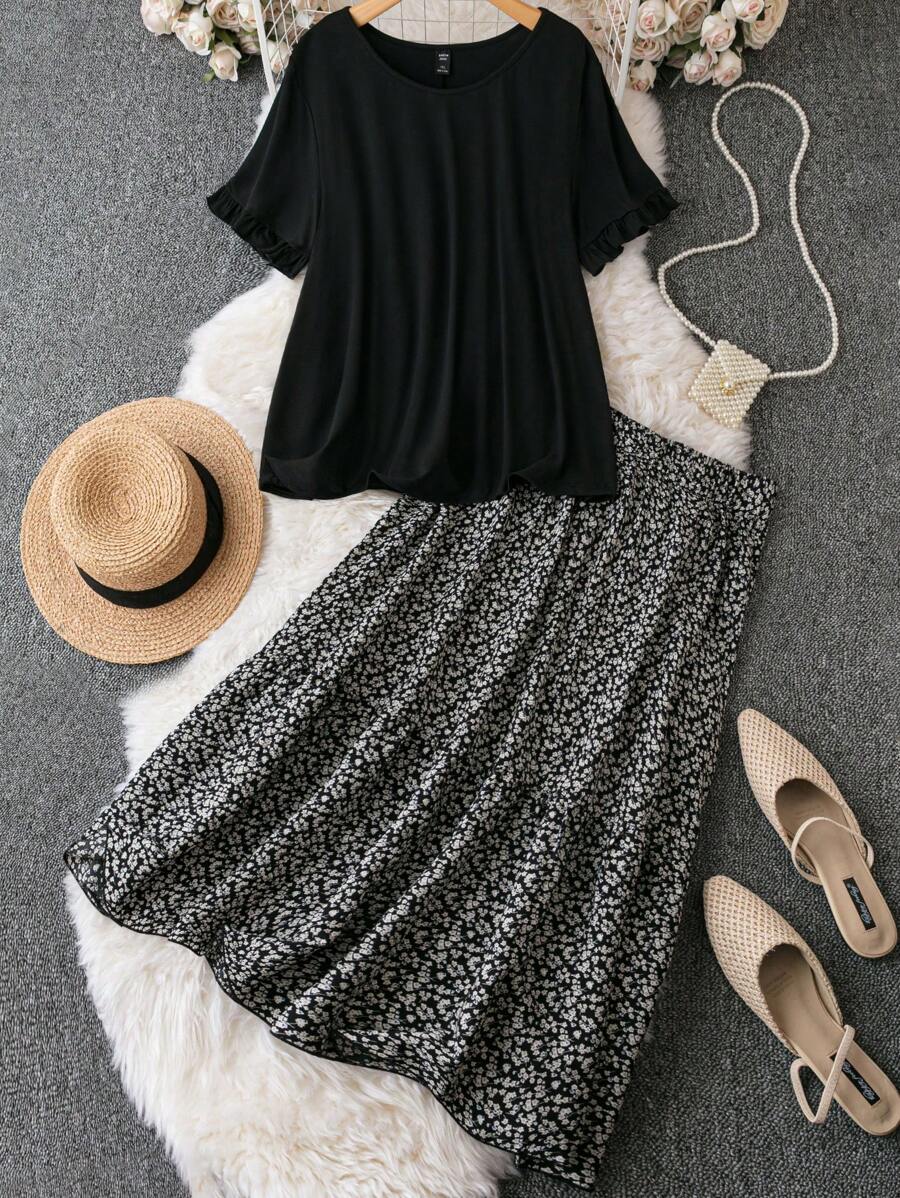 SHEIN Clasi Bộ thời trang Plus Size viền lá sen Viên lá sen Họa tiết hoa Giải trí - màu đen - Xem 1