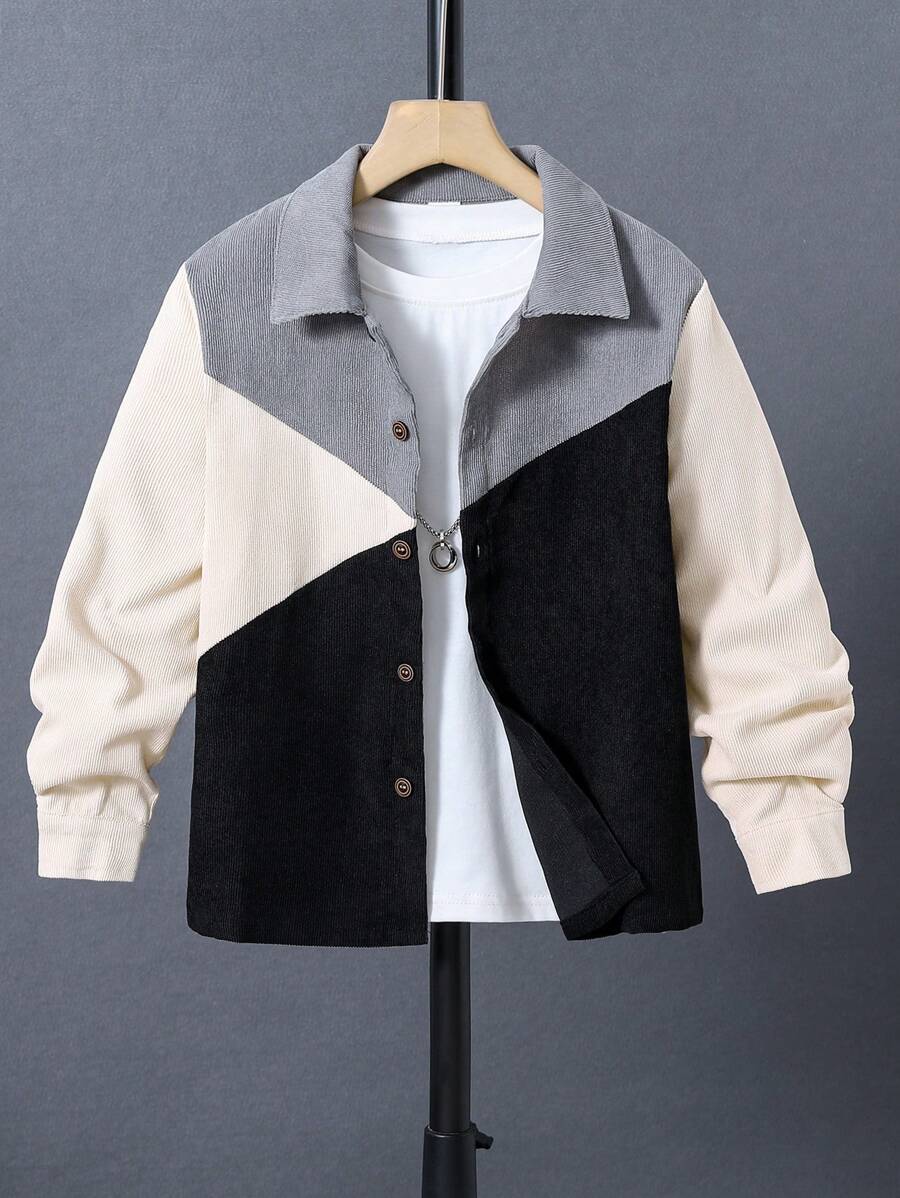 SHEIN 男孩撞色前紐扣夾克不帶T恤 - 彩色 - 查看 1