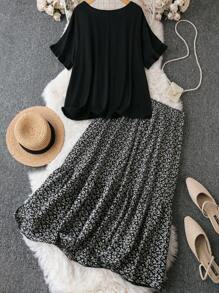 SHEIN Clasi Bộ thời trang Plus Size viền lá sen Viên lá sen Họa tiết hoa Giải trí - màu đen - Xem 2