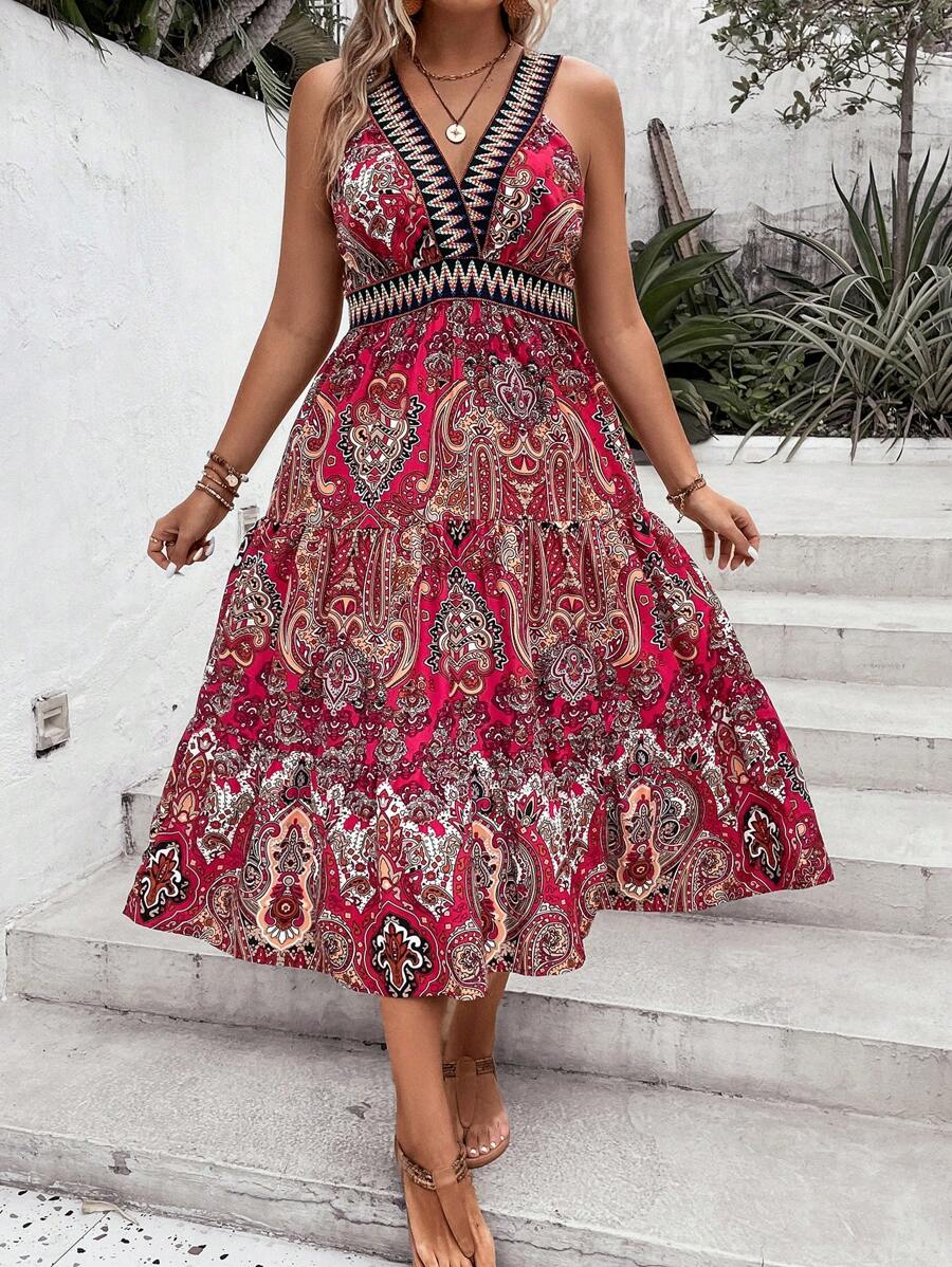 SHEIN Holidaya Đầm Plus Size Lộ Lưng Viên lá sen Paisley Bộ lạc Boho - Đỏ - Xem 1