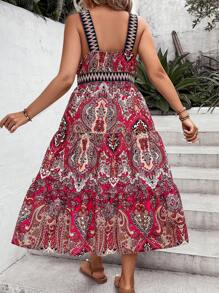 SHEIN Holidaya Đầm Plus Size Lộ Lưng Viên lá sen Paisley Bộ lạc Boho - Đỏ - Xem 2