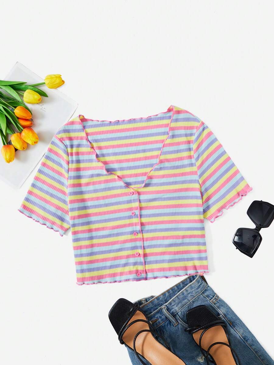 SHEIN EZwear Plus Striped Lettuce Trim Button Front Tee - Multicolor - View 1