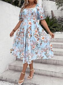 SHEIN Holidaya Váy xếp ly cổ vuông tay bồng họa tiết hoa Boho cỡ lớn, dành cho mùa hè - Màu xanh nhạt - Xem 4