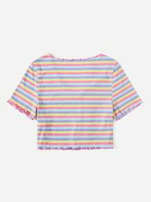 SHEIN EZwear Plus Striped Lettuce Trim Button Front Tee - Multicolor - View 2
