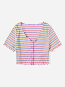SHEIN EZwear Plus Striped Lettuce Trim Button Front Tee - Multicolor - View 3