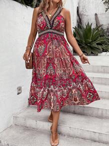 SHEIN Holidaya Đầm Plus Size Lộ Lưng Viên lá sen Paisley Bộ lạc Boho - Đỏ - Xem 4