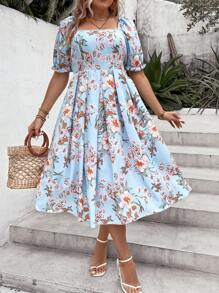 SHEIN Holidaya Váy xếp ly cổ vuông tay bồng họa tiết hoa Boho cỡ lớn, dành cho mùa hè - Màu xanh nhạt - Xem 6