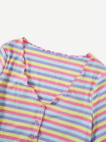 SHEIN EZwear Plus Striped Lettuce Trim Button Front Tee - Multicolor - View 4