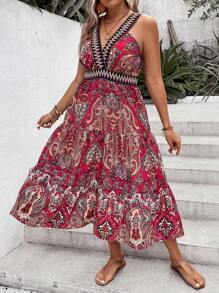 SHEIN Holidaya Đầm Plus Size Lộ Lưng Viên lá sen Paisley Bộ lạc Boho - Đỏ - Xem 5