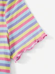 SHEIN EZwear Plus Striped Lettuce Trim Button Front Tee - Multicolor - View 5