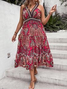 SHEIN Holidaya Đầm Plus Size Lộ Lưng Viên lá sen Paisley Bộ lạc Boho - Đỏ - Xem 7