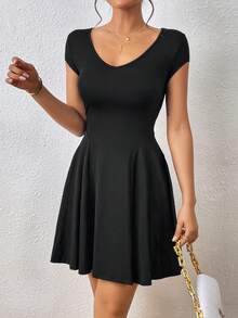 SHEIN PETITE Solid V Neck A-line Dress - Black - View 4