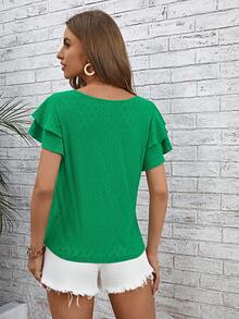 SHEIN Clasi 蝴蝶袖網眼刺繡T恤 - 綠色 - 查看 2