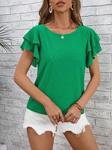 SHEIN Clasi 蝴蝶袖網眼刺繡T恤 - 綠色 - 查看 6