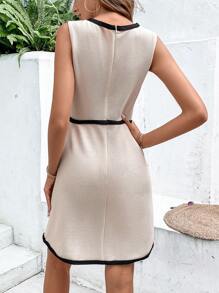 SHEIN Clasi Đầm Tương phản ràng buộc Nút phía trước Khối Màu Thanh lịch - Màu be - Xem 4
