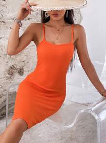 SHEIN VCAY 素色吊帶緊身洋裝 - 橘色 - 查看 1