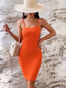 SHEIN VCAY 素色吊帶緊身洋裝 - 橘色 - 查看 3