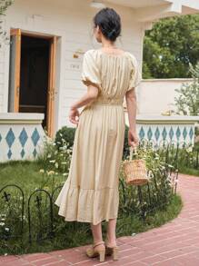 DAZY Đầm Viên lá sen Nếp gấp Phần Ngực màu trơn Thanh lịch - Màu be - Xem 2