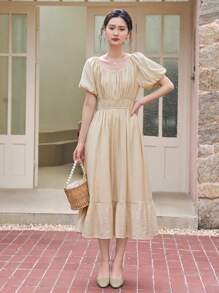 DAZY Đầm Viên lá sen Nếp gấp Phần Ngực màu trơn Thanh lịch - Màu be - Xem 3