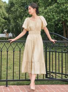 DAZY Đầm Viên lá sen Nếp gấp Phần Ngực màu trơn Thanh lịch - Màu be - Xem 5